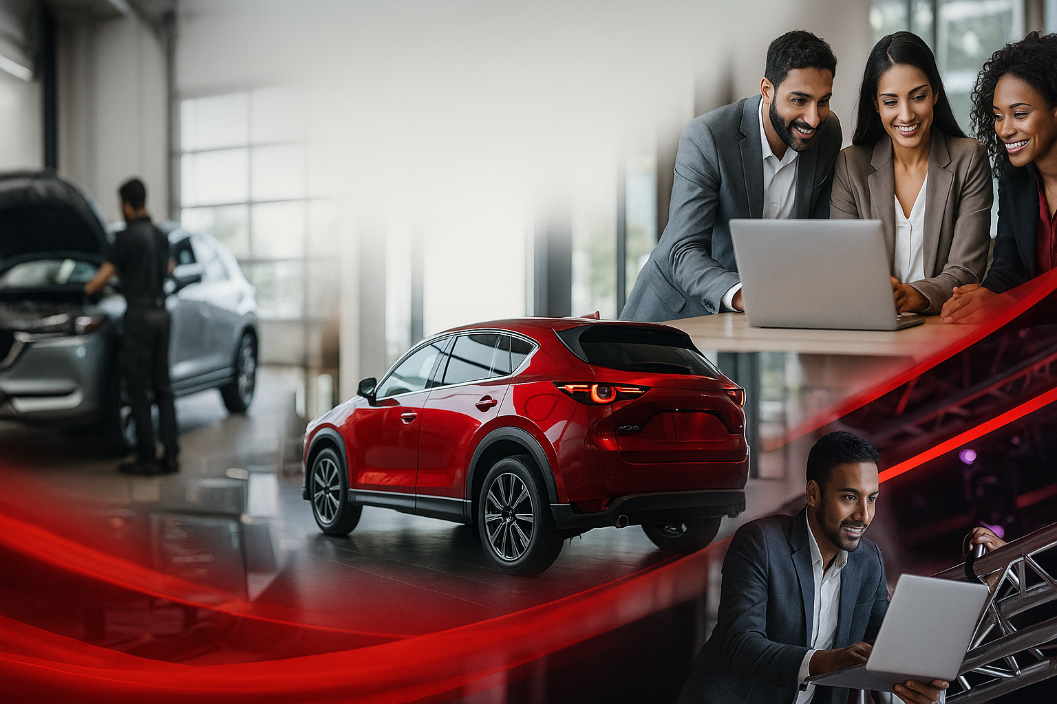 Professionals collaborating in a modern, high-tech workspace at Mazda