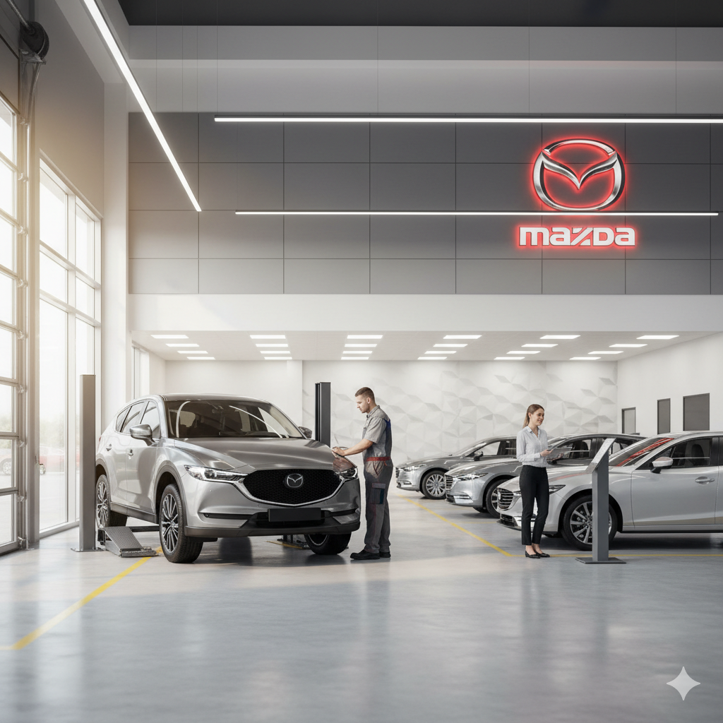 Mazda service center with technicians at work